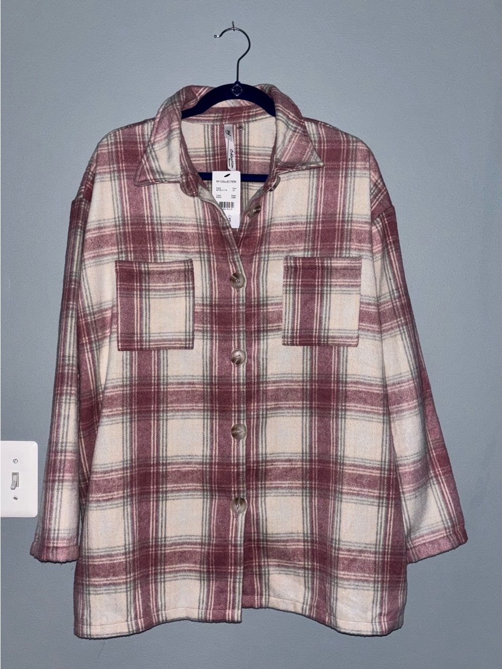 NY Collection Plaid Utility Shacket in Cream and Dusty Rose